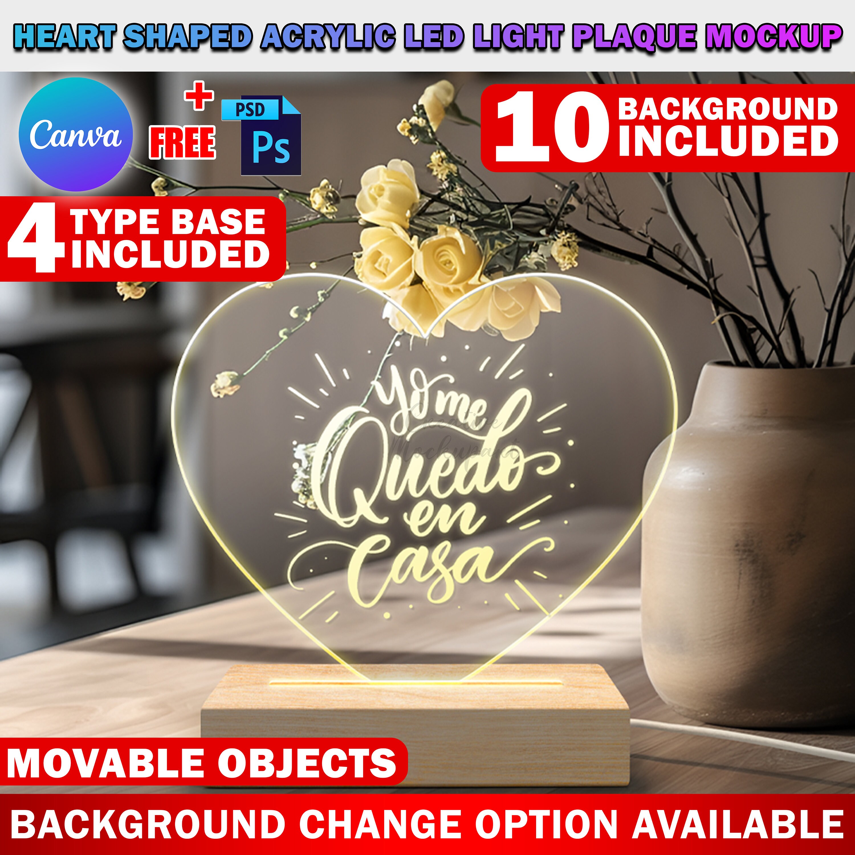 Heart Photo Insert Canva Heart Shaped Acrylic LED Light Plaque Mockup, Personalized Heart ...