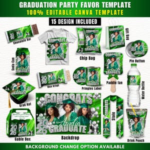 May include: A collection of graduation party favor templates with a green and white theme. The image includes designs for a chocolate bar, t-shirt, chip bag, gift bag, pin button, soda can, rice krispie, Pringles label, paddle fan, water bottle, grad hat, gable box, backdrop, stole, and drink pouch.