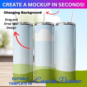 Canva Frame Drag & Drop 20oz Skinny Tumbler Mockup | 3 Balanced Tumbler Canva Template | Add Your Own Background Mockup And Design