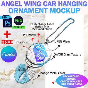 May include: A mockup of a car hanging ornament featuring a silver round charm with a blue and white watercolor design. The charm is attached to a silver chain and a pair of blue angel wings. The text "Place your design" is visible on the charm. The text "Background Change Option Available Only PSD & Canva" is also visible.