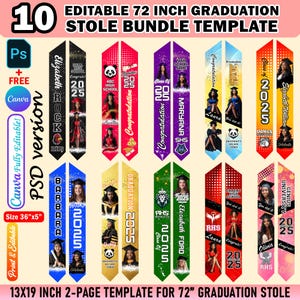10X PSD Abschluss Stola Template Design Bundle für die Abschlussschärpe Sublimation 2025, bearbeitbare Abschlussfeier personalisierte Abschlussdesign