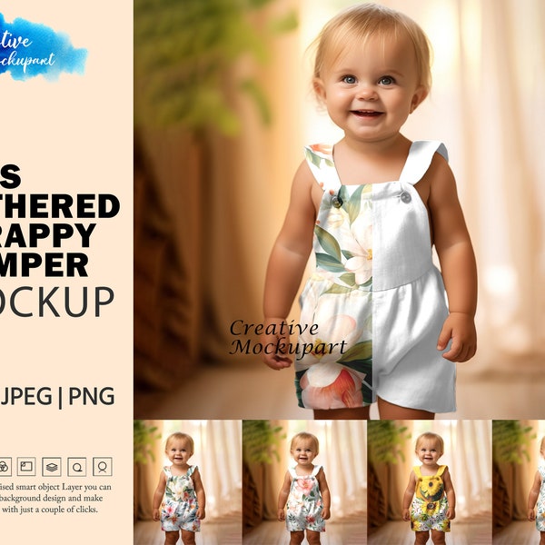 Kids Gathered Strappy Romper Mockup | Baby Onesie Mockup | Toddler Dress Mockup| Insert Your Design Via Photoshop Smart PSD, Canva PNG & JPG