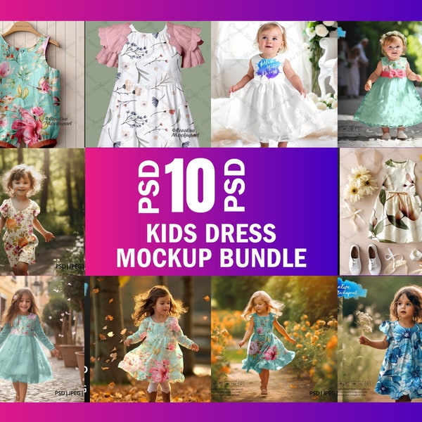 10 Kids Dress PSD Mockup Bundles | Cottage Core, Princes Fit, Tulle, Flower Girl, Princesscore, Summer & Autumn Dress PSD Mockup Bundle, PNG