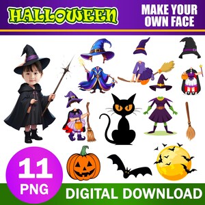 May include: A set of 11 Halloween-themed digital images for creating your own face. The images include a witch, a cat, a pumpkin, a bat, a moon, and more.  The text "MAKE YOUR OWN FACE" and "DIGITAL DOWNLOAD" are also included in the image.