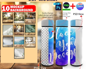 Maqueta de botella termo de acero inoxidable de 500 ml con tapa de color, plantilla de vaso termo, diseño de inserción y fondo a través de marco de Canva y PSD
