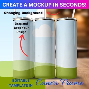 Canva Frame 20oz Tumbler With Straw Mockup | 20oz Tumbler Full Wrap Mockup | Canva Tumbler Template | Add Your Own Background Mockup |