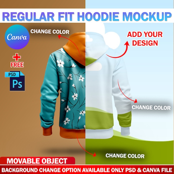 Canva Realistic Regular Fit Hoodie Back Mockup | Hooded Sweatshirt Back View Mockup Fully Customizable Via smart object PSD & Canva Frame