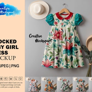Smocked Baby Girl Dress Mockup | Kids Smoked Dress Mockup| Toddler Dress Mockup| Insert Your Design Via Photoshop Smart PSD, Canva PNG & JPG
