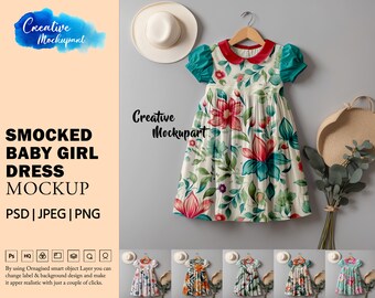 Smocked Baby Girl Dress Mockup | Kids Smoked Dress Mockup| Toddler Dress Mockup| Insert Your Design Via Photoshop Smart PSD, Canva PNG & JPG