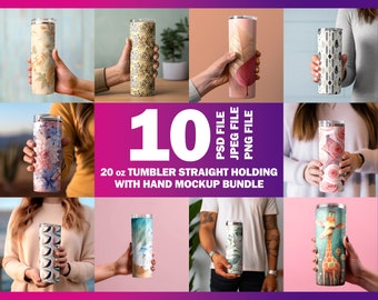 20oz Straight Tumbler Hand Holding Mockup | 10 Pre-Made Scene Included | Insert Design With Photoshop PSD Smart Object, Canva PNG & JPG