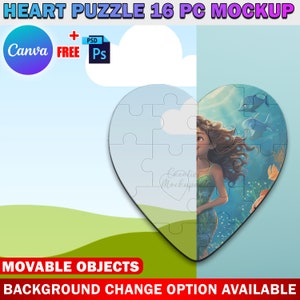 Canva 16 Piece Heart Shape Puzzle Mockup, Jigsaw Puzzle Template For Sublimation, Insert Your Design & Background Via Smart Canva Frame, PSD