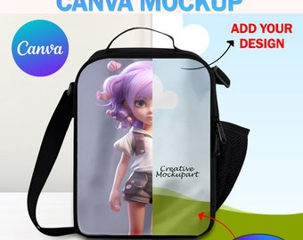 Canva DYE昇華子供用バックパックモックアップ、ネオプレンスクールバッグモックアップ、デザインの挿入、ドラッグ＆ドロップによる背景の変更Canvaスマートフレーム