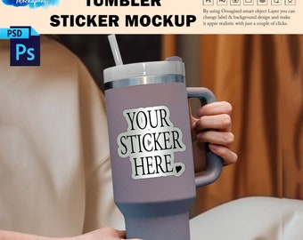 Hand Holding Stanley Cup Tumbler Sticker Mockup | Stanley Cup Tumbler, Add your own design Via Photoshop Smart PSD Object, Canva PNG & JPG