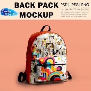 May include: A red and black backpack with a white front pocket. The front pocket has a colorful abstract design with geometric shapes and lines.