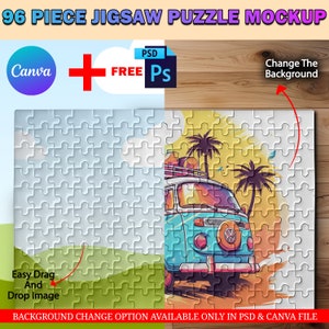 Canva 96 Piece Puzzle Mockup, Jigsaw Puzzle Template For Sublimation, Insert Your Own Design & Background Via Smart Canva Frame And PSD