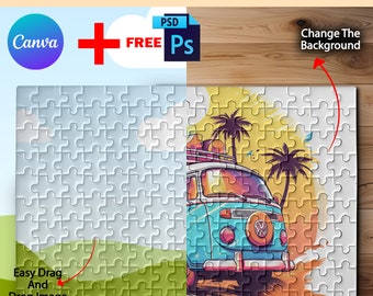 Maqueta de rompecabezas de 96 piezas de Canva, plantilla de rompecabezas para sublimación, inserte su propio diseño y fondo a través del marco inteligente de Canva y PSD