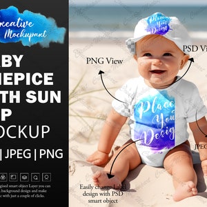May include: A baby wearing a white onesie with a blue and purple watercolor design and a white sun hat. The onesie has the text "Place Your Design" on it. The baby is sitting on a sandy beach.