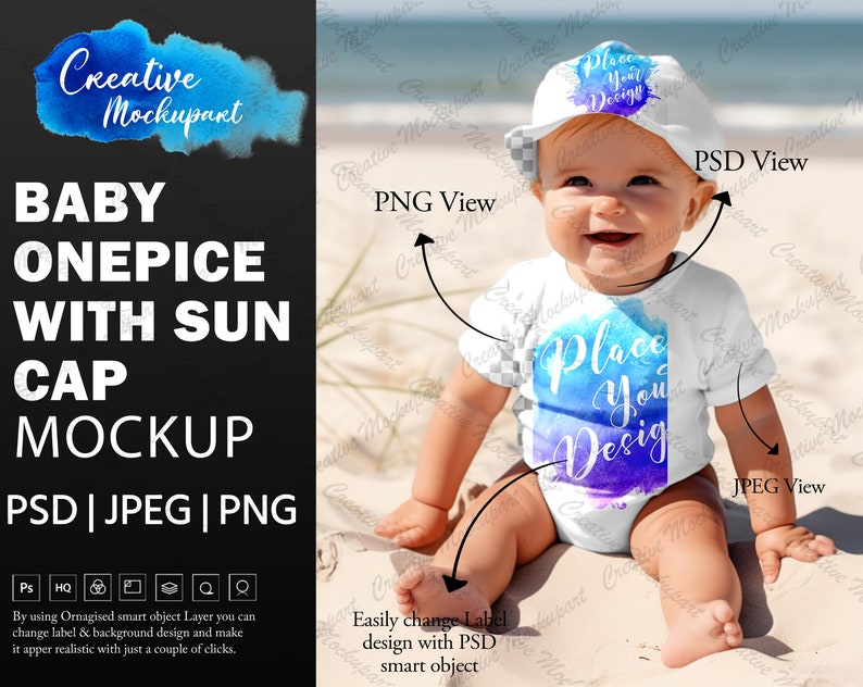 May include: A baby wearing a white onesie with a blue and purple watercolor design and a white sun hat. The onesie has the text "Place Your Design" on it. The baby is sitting on a sandy beach.