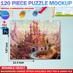 May include: A 120-piece puzzle mockup featuring a completed puzzle with a castle illustration. The puzzle measures 11.4 inches wide and 7.87 inches high. The image includes the text "120 PIECE PUZZLE MOCKUP" and "VERTICAL & HORIZONTAL INCLUDED".