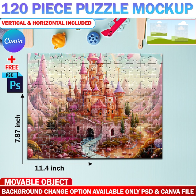 May include: A 120-piece puzzle mockup featuring a completed puzzle with a castle illustration. The puzzle measures 11.4 inches wide and 7.87 inches high. The image includes the text "120 PIECE PUZZLE MOCKUP" and "VERTICAL & HORIZONTAL INCLUDED".