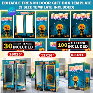 May include: Editable Halloween French door gift box template with 3 sizes included: 16x20 inches, 12x16 inches, and 8.5x11 inches. The template features a haunted house, a full moon, and pumpkins on a blue background with gold glitter. 30 door handles and 100 wallpapers are included.