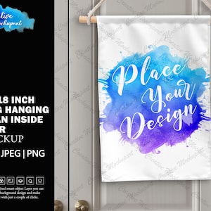 12x18 Inch Hanging Flag On Inside Door Dye Sublimation Mockup | Add your own design Via Photoshop Smart PSD Object, Canva PNG & JPG
