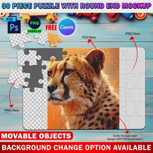 Dye Sublimation 30 Piece Puzzle With Round End Mockup, Jigsaw Puzzle Template, Insert Design & Background Via Smart Canva Frame And PSD
