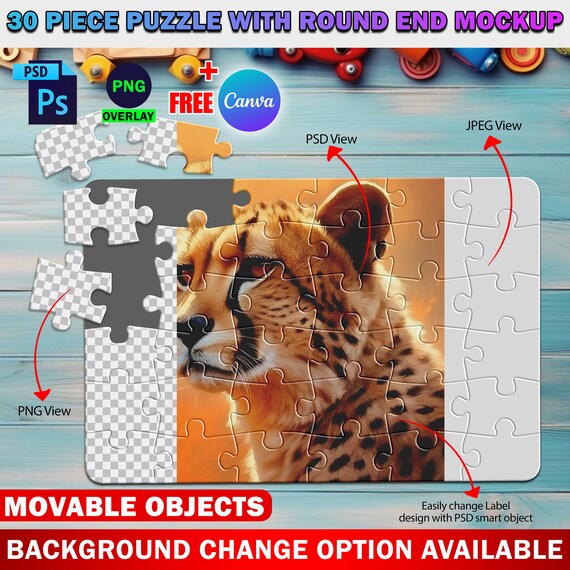 Dye Sublimation 30 Piece Puzzle With Round End Mockup, Jigsaw Puzzle Template, Insert Design & Background Via Smart Canva Frame And PSD