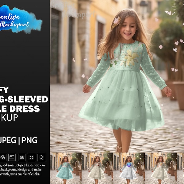 Puffy Long-Sleeved Tulle Dress Mockup | Styled Photography| Add Your Own Customized Design Via Photoshop Smart Object PSD, Canva PNG & JPG