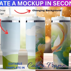Full Wrap Canva Frame 40oz Tumbler With Handle Mockup For Dye Sublimation| Change Background | Drag and Drop To Add Design Via Canva Frame