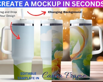 Full Wrap Canva Rahmen 40 Unzen Becher mit Griff Mockup für Dye Sublimation | Hintergrund ändern | Ziehen Sie die Maus, um das Design über den Canva-Rahmen hinzuzufügen