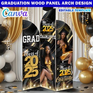 Editable Graduation Wooden Arch Panel Design Canva Backdrop Template, Black & Gold Grad Entrance Arch Panel Customizable Canva Arch Entryway