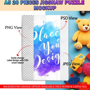 Dye Sublimation A5 20 Piece Puzzle Mockup, Jigsaw Puzzle Template, Insert Your Design & Background Via Smart Canva Frame And Photoshop PSD