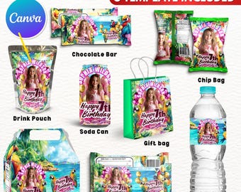 8X Nature Theme Birthday Party Favor Template Bundle, Canva Editable Birthday Party Treats Design, Custom Water Labels, Chip Bag, Wrapper