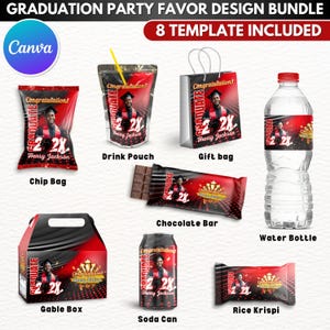 8X Graduation Party Favor Template Bundle, Red Canva Editable Graduation Treats Design, Party Favor Custom Water Labels, Chip Bag