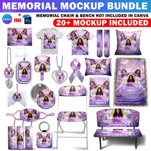 May include: A mockup bundle of 20+ memorial items, including a t-shirt, pillow, blanket, keychain, tumbler, and more. The items feature a purple and white design with a photo of a young woman and the text "Dania Smith Forever in Our Hearts".