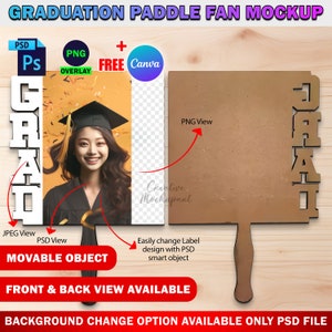 Dye Sublimation Graduation Paddle Fan Mockup, MDF Church, Memorial Paddle Fan Template, Insert Design & Background Via PSD And Canva Frame