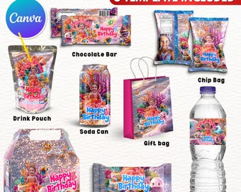8X Under The Sea Theme Birthday Party Favor Template Bundle, Canva Editable Party Treats Design, Custom Water Labels, Chip Bag, Wrapper