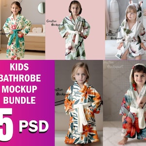 May include: Five different kids' bathrobe mockups featuring various floral patterns. The mockups are presented on a white background. The text "KIDS BATHROBE MOCKUP BUNDLE 5 PSD" is displayed in large, bold letters.