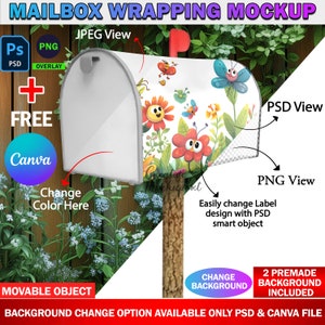 May include: A mockup of a white mailbox with a colourful cartoon design featuring flowers, bugs, and smiling faces. The mailbox is attached to a wooden fence and has a brown wooden post. The text "Change Color Here" is visible on the image. The text "MAILBOX WRAPPING MOCKUP" is at the top of the image.