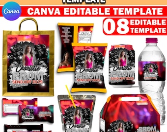 Paquete de plantillas de empaquetado para despedida de graduación, obsequios para despedida de graduación en negro y plateado, paquete de fiesta Canva, etiquetas de agua personalizadas, bolsa de papas fritas