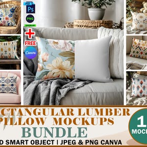 May include: A set of 15 rectangular pillow mockups featuring various designs and colors. The mockups are displayed on different surfaces, including a couch, a chair, and a bed. The mockups are perfect for showcasing your own designs.
