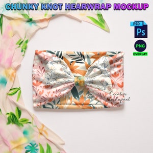 May include: A pink and orange floral headband with a large bow. The headband is on a white background.  Creative Mockupart.