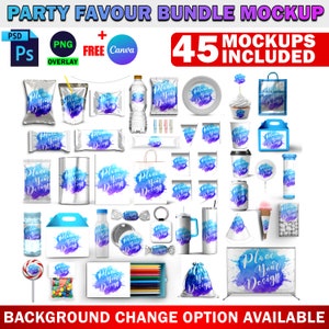 May include: A set of 45 party favor mockups featuring various items like bags, cups, containers, and other party supplies. The mockups are designed with a watercolor-style background and the text "Place Your Design" is displayed on each item.