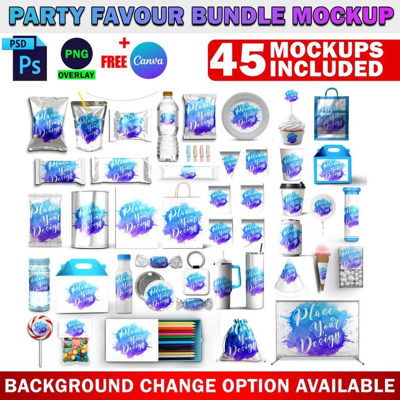May include: A set of 45 party favor mockups featuring various items like bags, cups, containers, and other party supplies. The mockups are designed with a watercolor-style background and the text "Place Your Design" is displayed on each item.