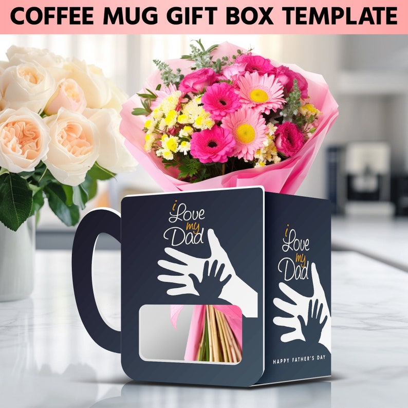 Puede incluir: Una plantilla de caja de regalo de taza de caf&eacute; negra con un recorte para un ramo de flores. La caja presenta un dise&ntilde;o de huella de mano blanca con el texto "Te amo pap&aacute;" y "Feliz d&iacute;a del padre".