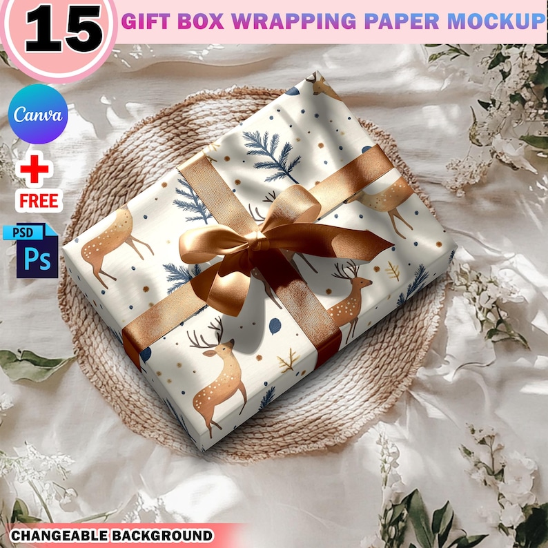 Canva 15x Gift Box & Wrapping Paper Mockup Bundle, Insert Design