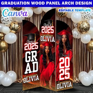 Graduation Wooden Arch Panel Design Canva Backdrop Template, Editable Red/Black Grad Entrance Arch Panel Customizable Canva Arch Entryway