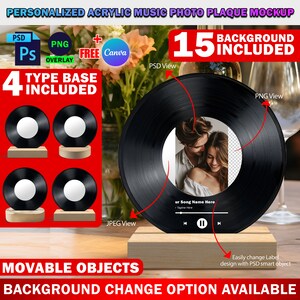 Puede incluir: Una maqueta de una placa de foto musical de acrílico personalizada con un diseño de disco de vinilo negro. La placa presenta una foto de pareja y una interfaz de reproductor de música con el texto "ur Song Name Here" y "Tagline Here". La maqueta incluye 15 opciones de fondo y 4 estilos de base diferentes.