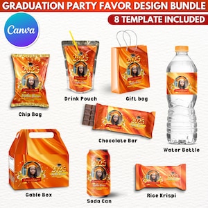 8X Graduation Party Favor Template Bundle, Orange Canva Editable Graduation Treats Design, Party Favor Custom Water Labels, Chip Bag Wrapper